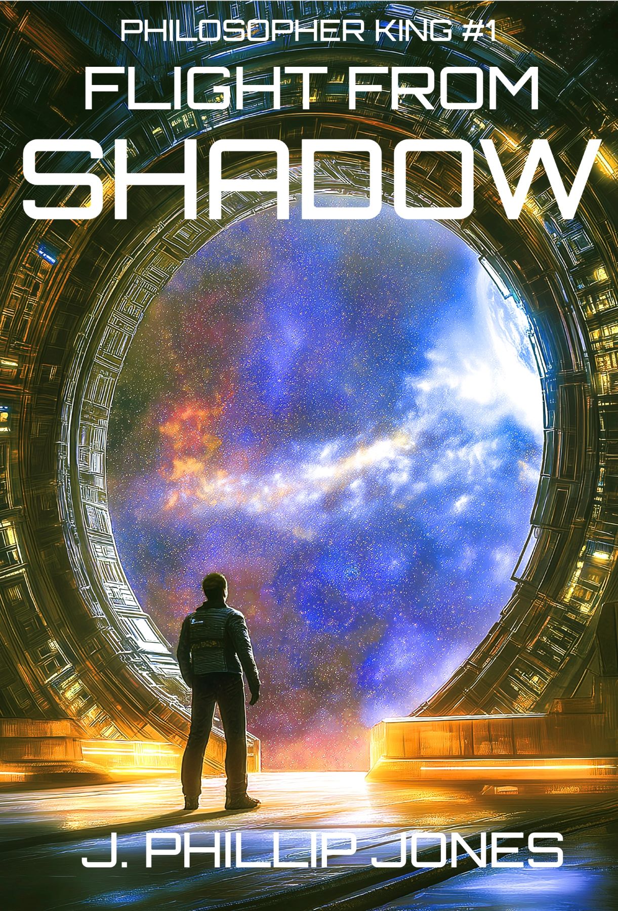 Book cover of 'Flight from Shadow' by J. Phillip Jones featuring a futuristic door opening to space.