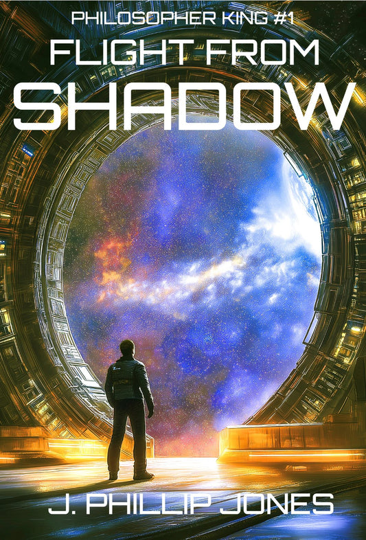 Book cover of 'Flight from Shadow' by J. Phillip Jones featuring a futuristic door opening to space.